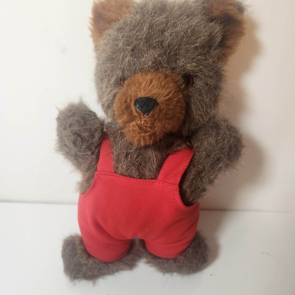 Vintage Brown Shaggy Teddy Bear Plush in Red Overalls big bad wolf